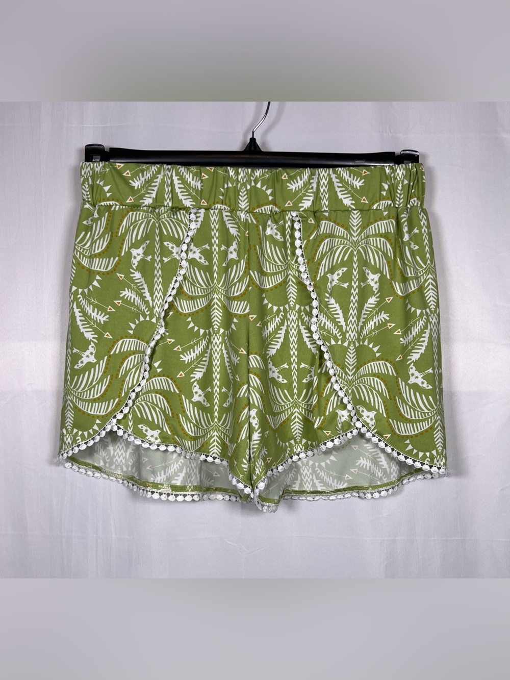 Robert Louis Olive Green Palm-Print High-Waist Women’s Shorts with Pom Trim